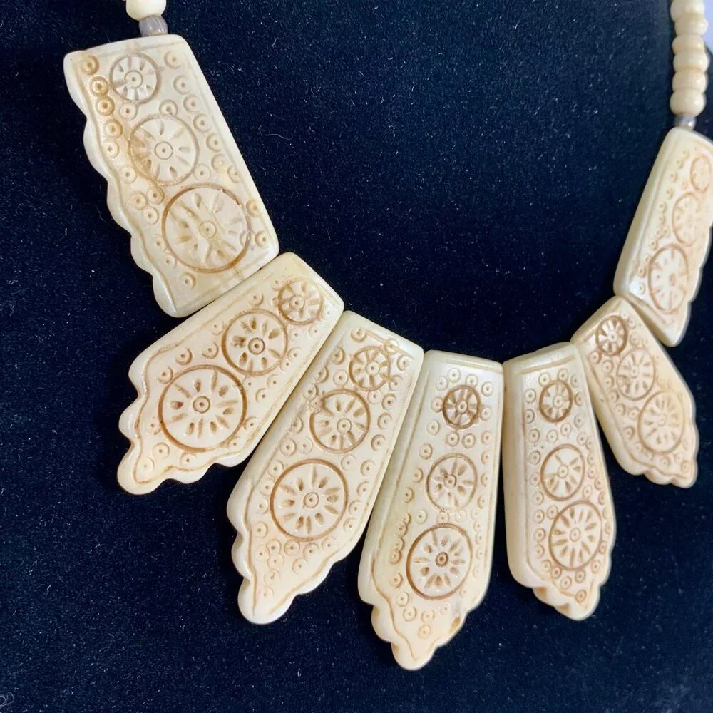 Yak Bone Nepalese Tibetan Necklace With Intricate Carved Panels & Metal Clasp
